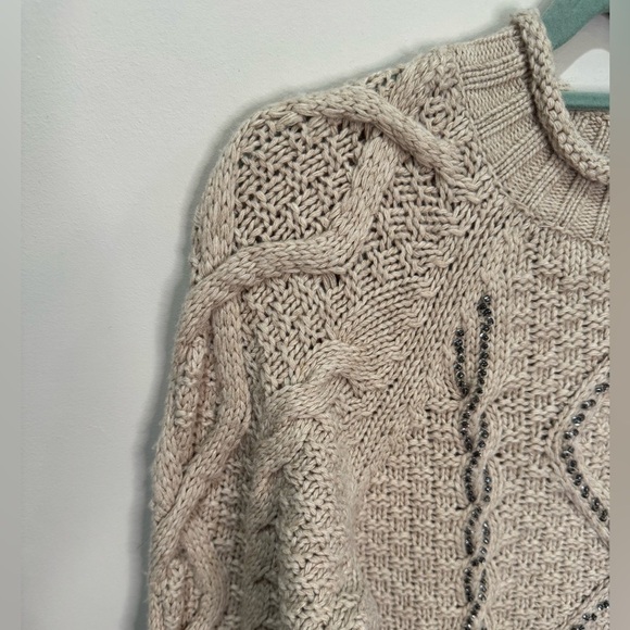 J. Crew NWT Chunky Cable Knit Beaded Sweater Tan XL - Picture 2 of 8